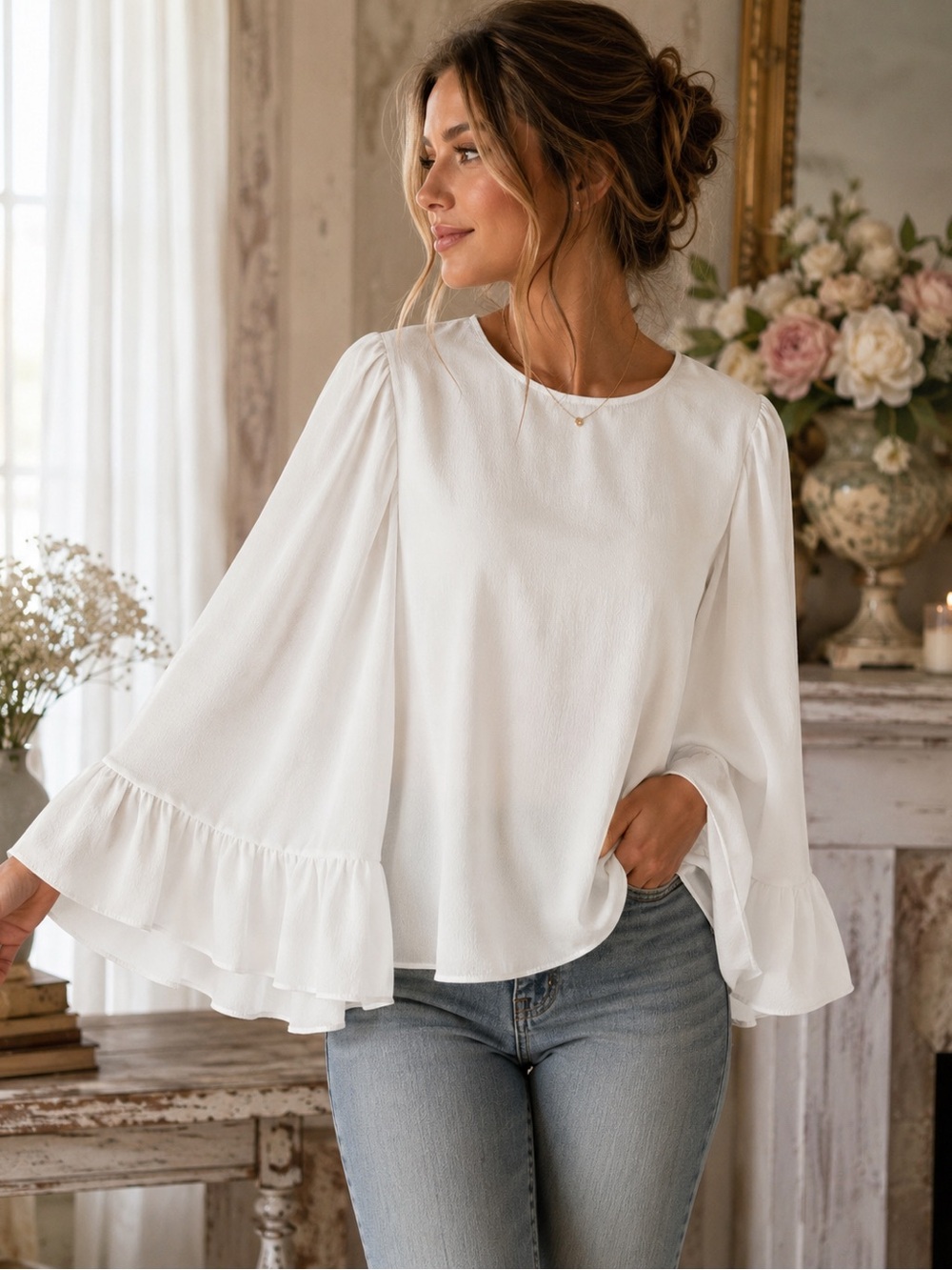 Zara Basic White Ruffle Bell Sleeve Blouse Top Size Large